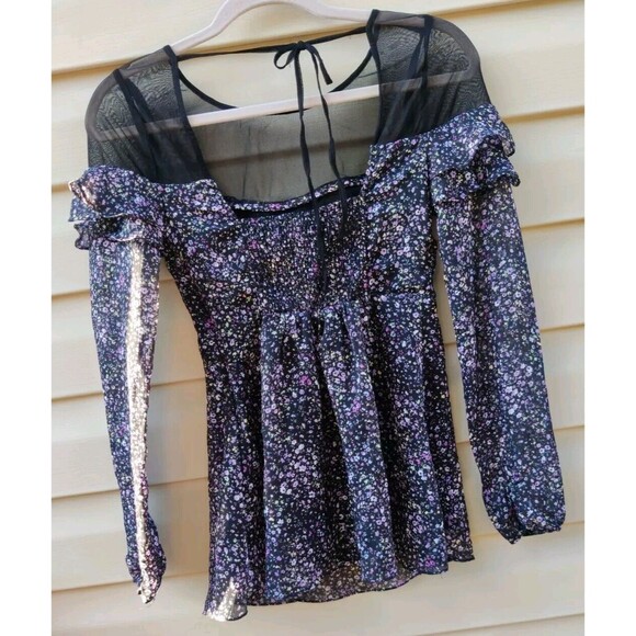 Free People Black Purple Floral Smocked Ruffle Sheer Tie Neck Top Blouse Size 2 - Picture 6 of 12